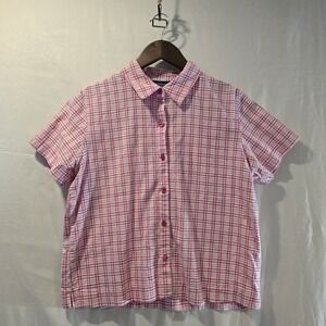 Mountain Lake Pink Plaid Short Sleeve Collared Button Down Shirt Women's Size L
